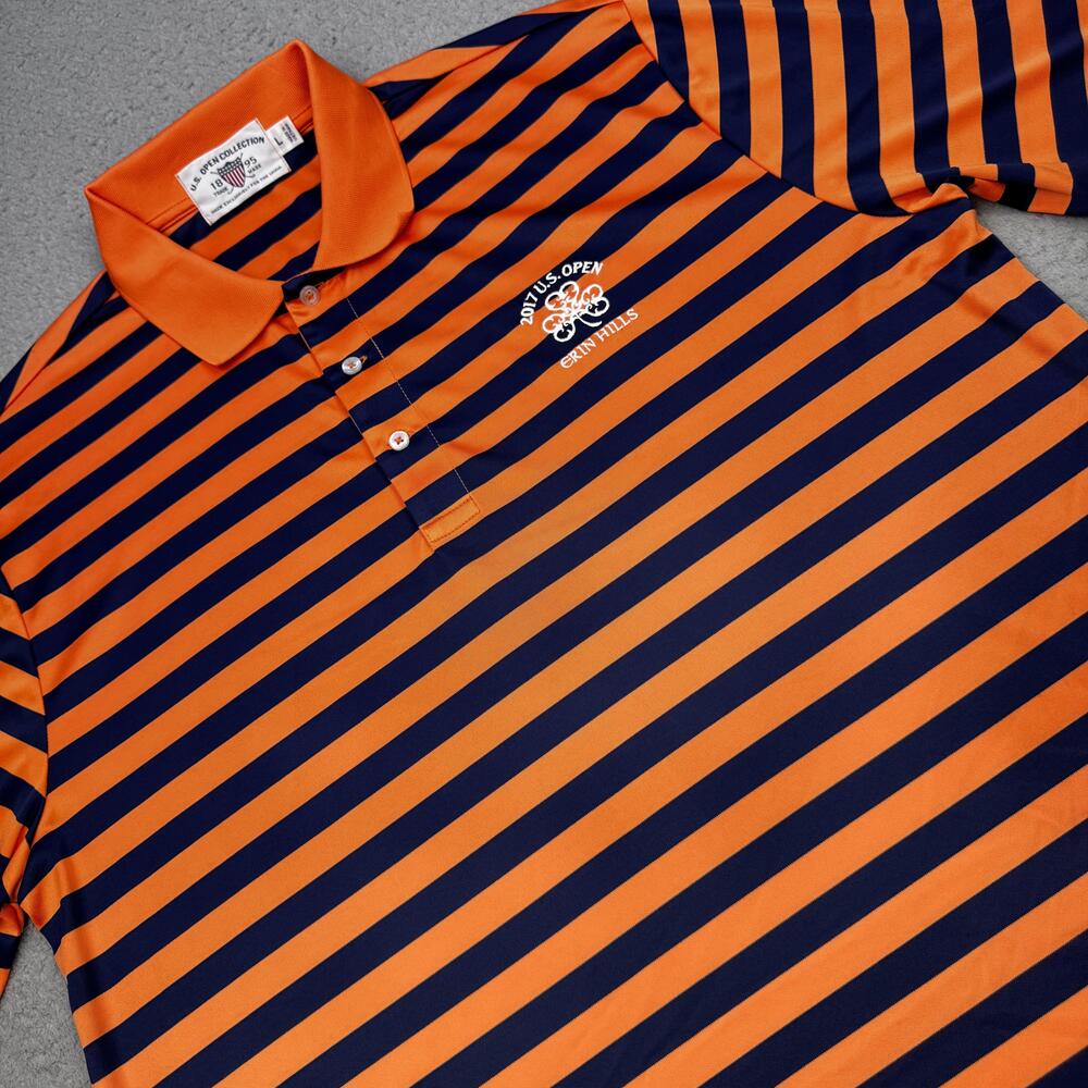 2017 US Open Erin Hills Golf Shirt Mens Large Orange Navy Polo Striped Lauren